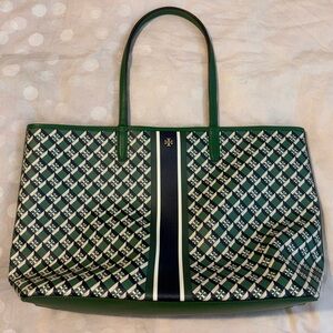Tory Burch Green Patterned Tote Bag with Stripe Accent